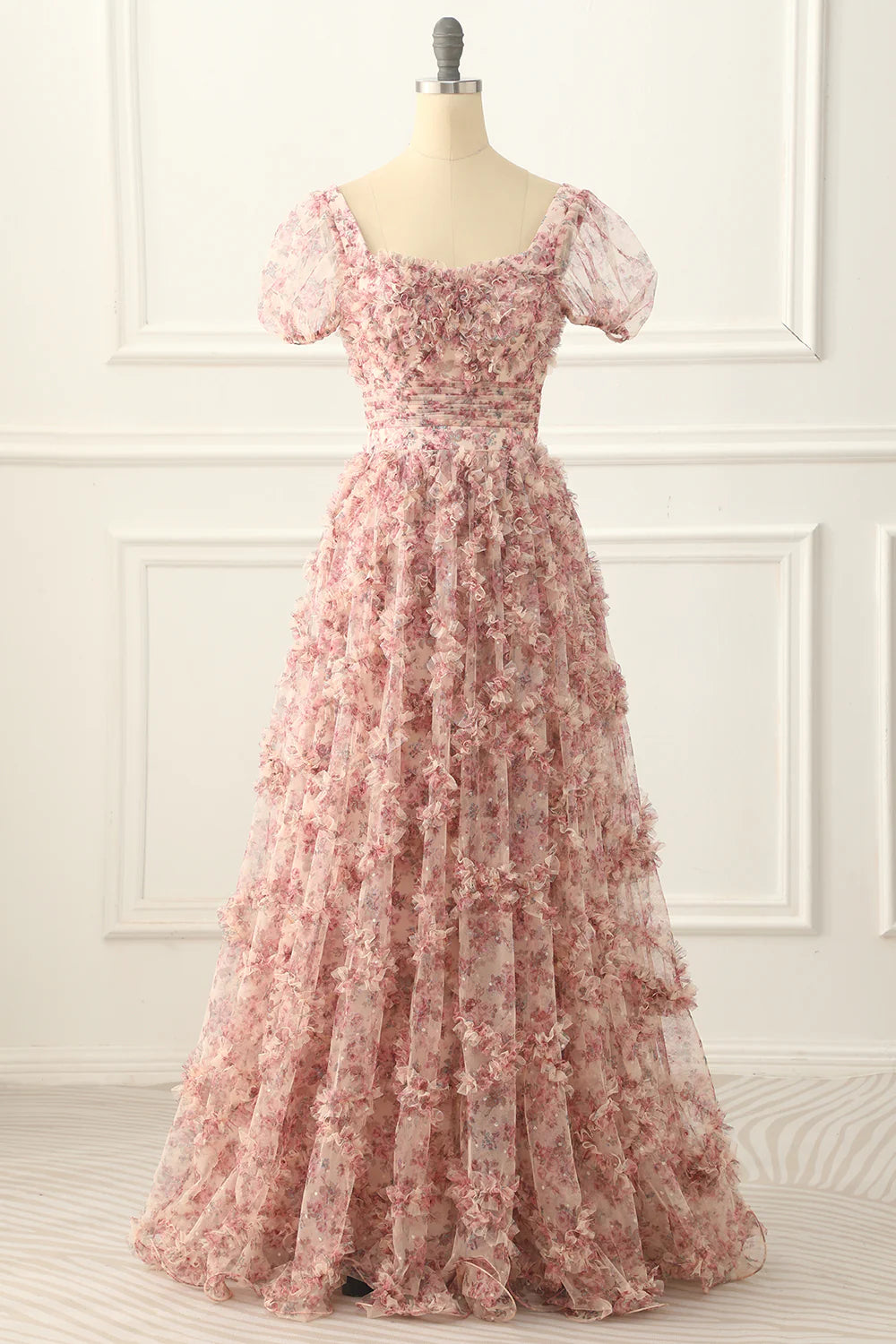Pleated Lace-Up Back Flower Print A-Line Prom Dress